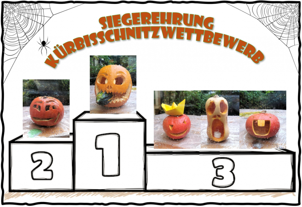5 geschnitzte Halloweenkürbisse, die auf einem Siegertreppchen stehen. Es gibt einen Sieger, einen 2. Platz und 3 dritte Plätze. 
